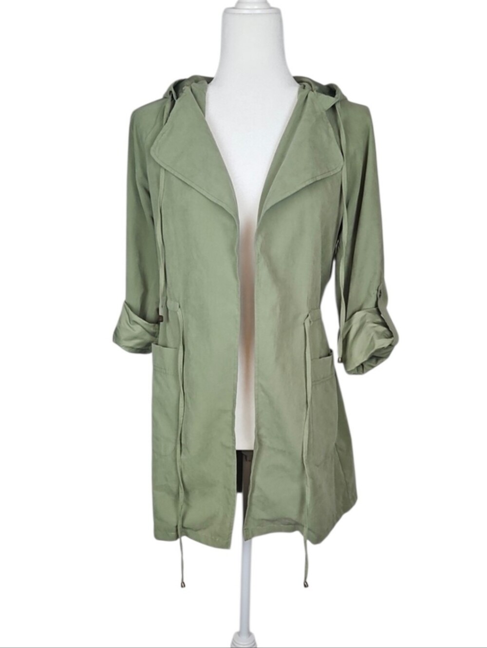 Soft Hooded Olive Army Green Jacket Open Trench Coat Windbreaker Hiking Fall S